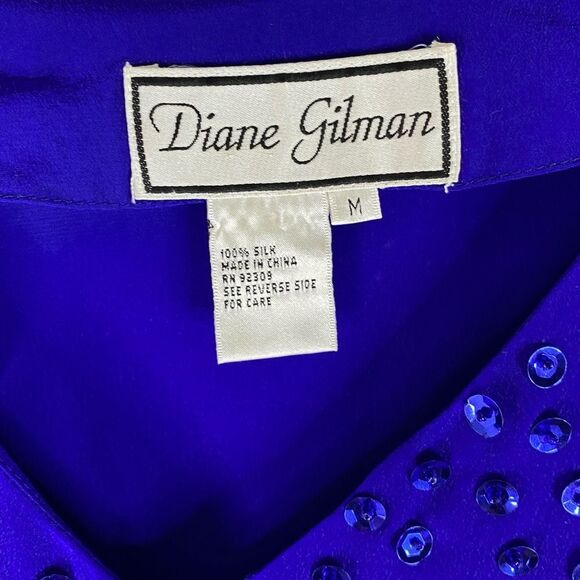 Diane Gilman Vintage Dress Women’s Blue Silk Sequins Mini Slits Button Down M - Picture 9 of 9
